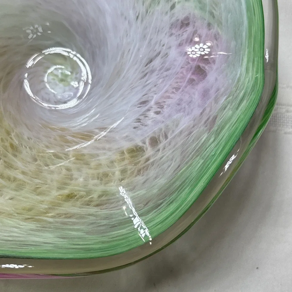 Murano Style Art Glass Centerpiece Bowl Wavy Edge Vibrant Swirling Design